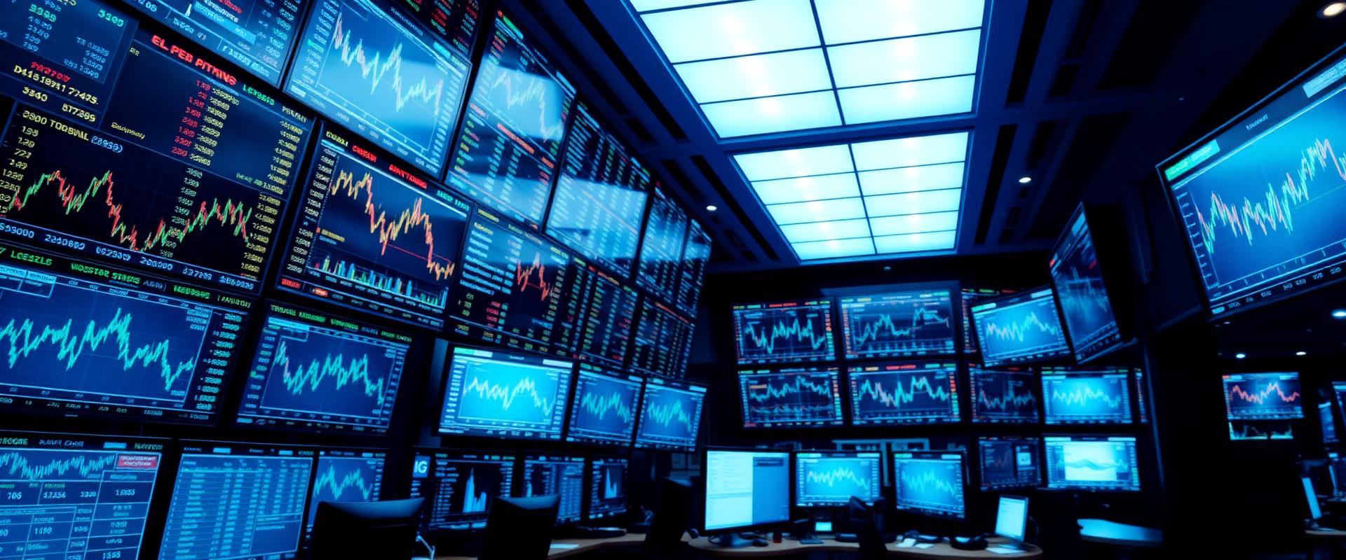 Sala de operaciones financieras con pantallas de mercado